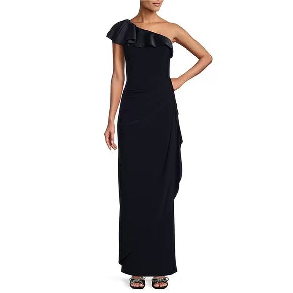 Alex Evenings Deep Navy One-Shoulder Ruffle Gown Size 4 - Picture 1 of 5